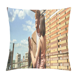 Personality  A Man And A Woman Stand Together On A Rooftop, Overlooking The City Below Pillow Covers