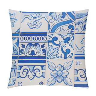 Personality  Fragment Of Building Wall With Ceramic Wall Tiles. Various And Different Patterns Azulejos. Close Up. Traditional Portuguese Architecture. Abstract Decorative Background For Design Or Backdrop. Pillow Covers