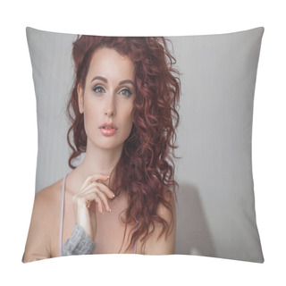 Personality  Very Attractive Young Woman Close Up Portrait. Beautiful Female Indoor. Curly Haired Lady. Red-haired Girl. Redhead With Wavy Hair. Pillow Covers