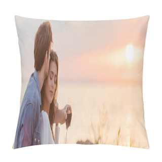 Personality  Panoramic Shot Of Woman With Glass Of Wine Embracing Girlfriend On Beach At Sunset  Pillow Covers