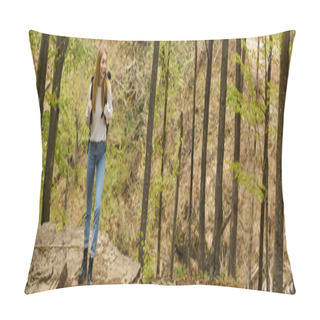Personality  Blonde Woman Hiker With Backpack Walking Through The Forest Discovering New Paths, Banner Pillow Covers