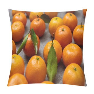Personality  Selective Focus Of Orange Tangerines With Green Leaves On Grey Table Pillow Covers