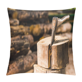 Personality  Closeup View Of Sticking Axe In Log At Sawmill  Pillow Covers