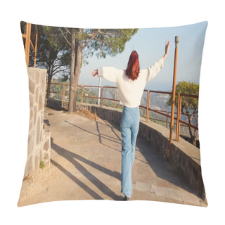 Personality  Young Redhead Woman Walks On The Observation Deck In The Mountains At Daytime  Pillow Covers