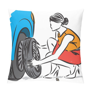 Personality  Woman Changing Flat Tire Vector Illustration Pillow Covers