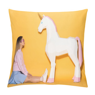 Personality  Side View Of Asian Female Model In Sunglasses Sitting On Floor And Decorative Unicorn On Yellow Background  Pillow Covers