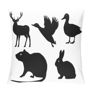 Personality  Wild Animals Vector Set. Isolated Silhouette, Deer, Duck, Mouse, Rabbit. White Background. Side View Pillow Covers