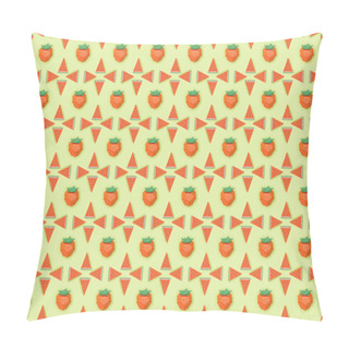 Personality  Top View Of Seamless Pattern With Handmade Paper Strawberries And Watermelon Slices Isolated On Green Pillow Covers