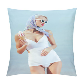 Personality Attractive Girl In Vintage Swimsuit And Sunglasses Holding Ice Cream And Posing Near The Sea Pillow Covers