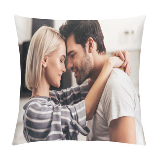 Personality  Handsome Boyfriend And Attractive Girlfriend Hugging And Smiling In Kitchen Pillow Covers