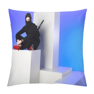 Personality  Ninja In Black Clothing With Katana Behind Sitting On White Block Isolated On Blue Pillow Covers