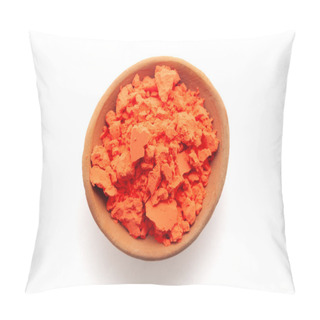 Personality  Top View Of Earthen Pot Filled With Auspicious Orange Color Sindoor Isolated On White. Pillow Covers