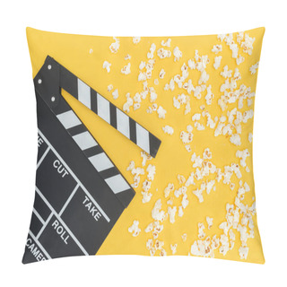 Personality  Top View Of Cinema Clapperboard And Crunchy Popcorn Isolated On Yellow Pillow Covers