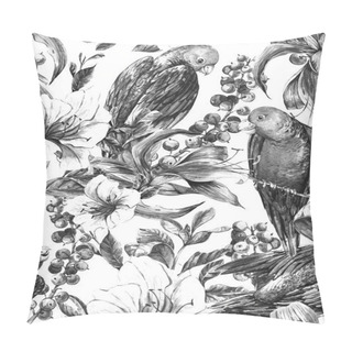 Personality  Exotic Seamless Background With Tropical Flowers And Parrots Pillow Covers