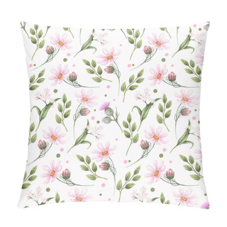 Personality  Seamless Watercolor Pattern With The Image Of Pink Daisies, Forget-me-nots, Thistles And Green Leaves On A White Background. Watercolor Hand Drawn Illustrations. Design For Textile, Fabric, Clothing, Cards, Packaging. Pillow Covers