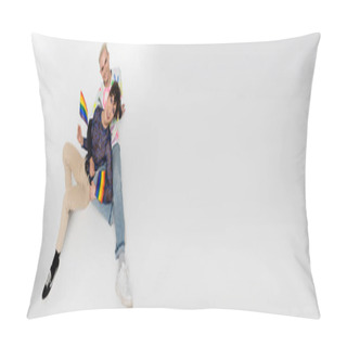 Personality  Top View Of Happy Nonbinary Person And Gay Sitting With Lgbtq Flags On Grey Background, Banner Pillow Covers