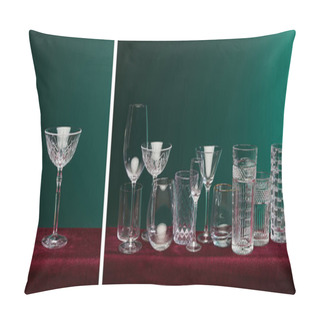 Personality  Collage Of Set Of Cocktail Glasses Isolated On Green Pillow Covers