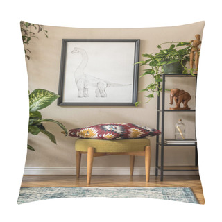 Personality  Stylish Room Design With Vintage Commode, Potted Plants And Beautiful Drawings Pillow Covers
