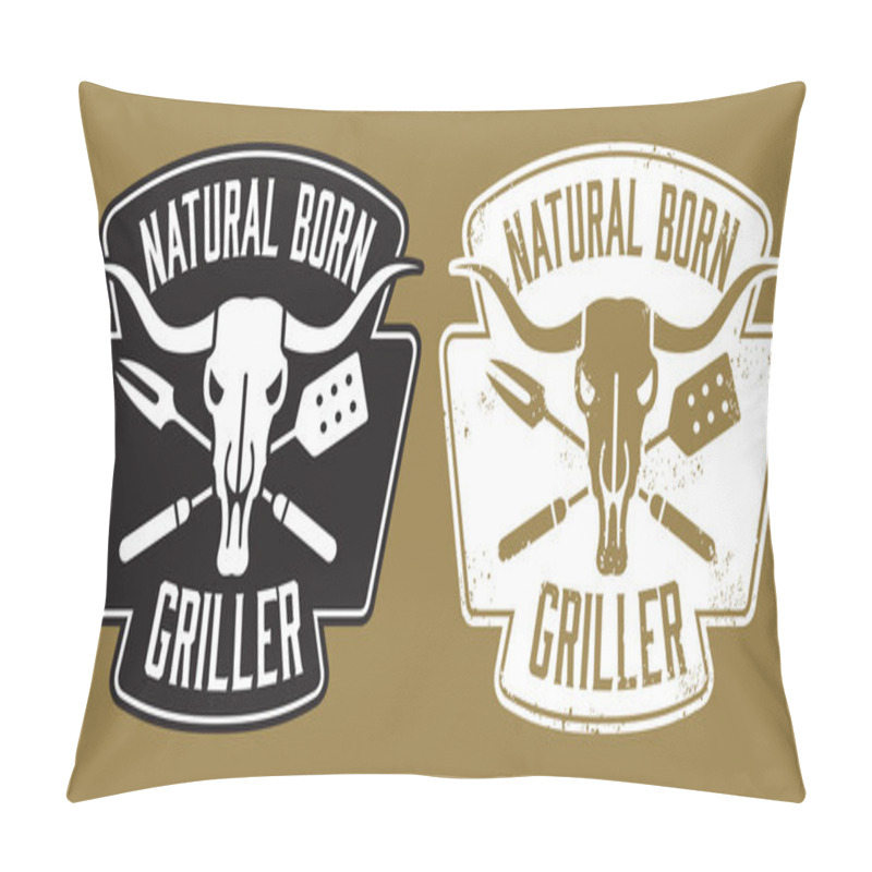 Personality  Natural Born Griller barbecue vector image with cow skull and crossed utensils. pillow covers