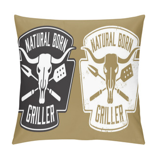 Personality  Natural Born Griller Barbecue Vector Image With Cow Skull And Crossed Utensils. Pillow Covers