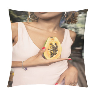 Personality  Cropped View Of Stylish Young African American Woman With Braces Wearing Summer Dress While Holding Cut Ripe Papaya In Blurred Garden Center, Fashion-forward Lady Inspired By Tropical Plants Pillow Covers