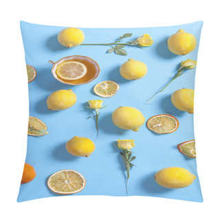 Personality  Tropical Pattern From Cup Of Tea, Roses And Lemons Different Sizes Scattered On Blue Background. Fresh Design For Printing The Summer Theme. Pillow Covers