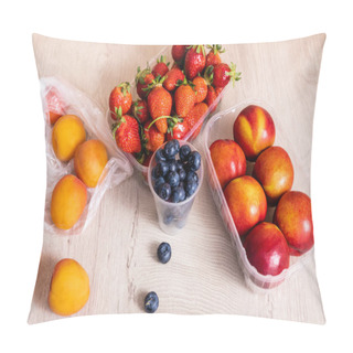 Personality  Fruit Composition With Blueberries, Strawberries, Nectarines And Peaches In Plastic Containers On Wooden Surface Pillow Covers