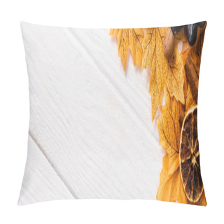Personality  Top View Of Autumnal Decoration On White Wooden Background, Panoramic Shot Pillow Covers