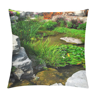 Personality  Natural Stone Pond And Patio Landscaping With Aquatic Plants Pillow Covers