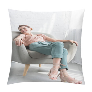 Personality  Happy Young Woman Relaxing On Armchair At Home Pillow Covers