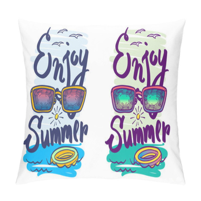 Personality  Enjoy Summer Vector Hand Lettering. Typographic Print With Fun Vector Illustration. Used For T-shirt Print. Set Of Stylish T-shirt And Apparel Design Style Sunglasses, Sun And Sea Pillow Covers
