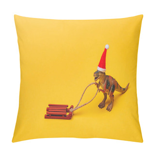 Personality  Toy Dinosaur In Santa Hat With Sleigh On Yellow Background Pillow Covers