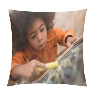 Personality  Top View Of African American Child Drawing On Blurred Chalkboard At Home  Pillow Covers