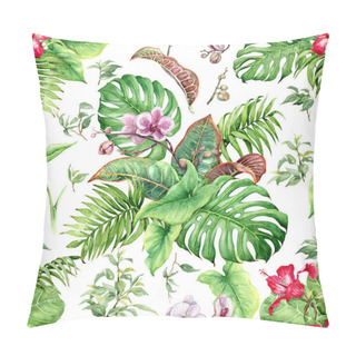 Personality  Hand Drawn Flowers And Leaves Of Tropical Plants. Seamless Floral Pattern Made With Watercolor Green Exotic Foliage, Pink Orchid And Red Hibiscus On White Background. Pillow Covers