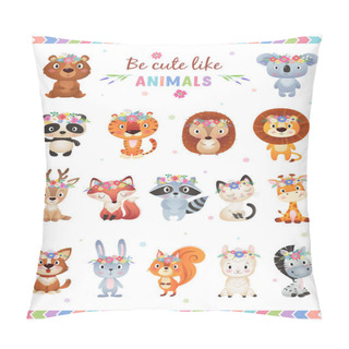 Personality  Be Cute Like Animals Cute Summer And Spring Animals Collection , Flower Wreath On White Background Pillow Covers