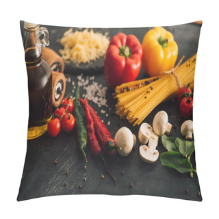 Personality  Selective Focus Of Raw Italian Spaghetti With Vegetables On Black Background Pillow Covers