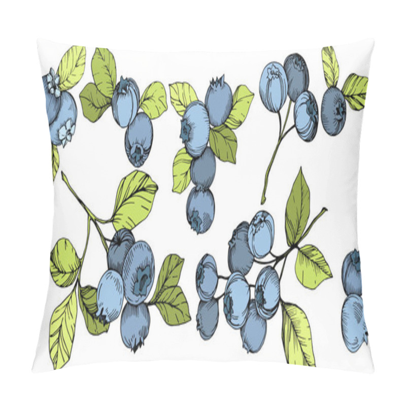 Personality  Vector Blueberry Gree And Blue Engraved Ink Art. Berries And Green Leaves. Leaf Plant Botanical Garden Floral Foliage. Isolated Blueberry Illustration Element. Pillow Covers