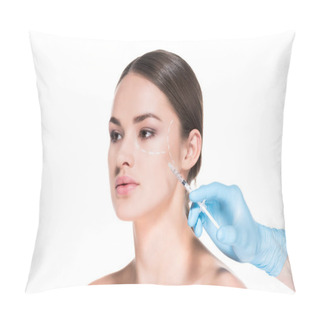 Personality  Cropped Shot Of Doctor Making Beauty Injection For Young Woman While She Looking Away Isolated On White Pillow Covers