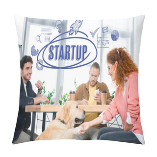 Personality  Three Friends Working And Asking Paw Of Cute Golden Retriever With Startup Illustration Pillow Covers