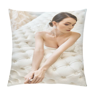 Personality  A Young Brunette Bride In A Pristine White Dress Sits Elegantly On A Plush Bed In A Bridal Salon, Radiating Timeless Beauty. Pillow Covers