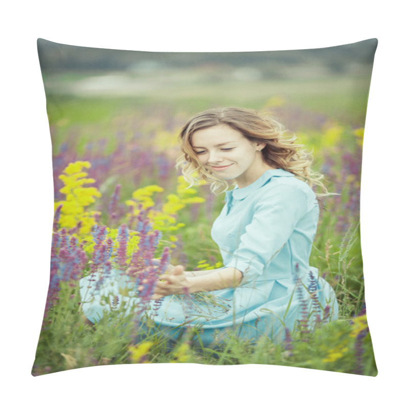 Personality  Young girl in vintage dress walking through sage flower field. pillow covers