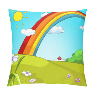 Personality  Cartoon Background Of Summer Glade With Rainbow. Pillow Covers