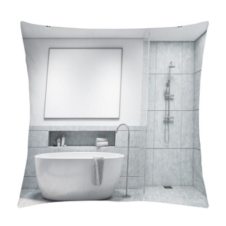Personality  Bathroom With Ligth Gray Tiles, Toned Pillow Covers