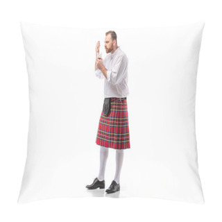 Personality  Scottish Redhead Man In Red Kilt Smelling Whiskey On White Pillow Covers
