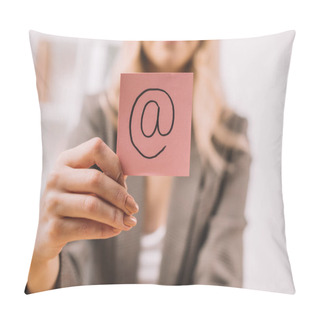 Personality  Partial View Of Businesswoman Holding Paper Note With Email Symbol  Pillow Covers