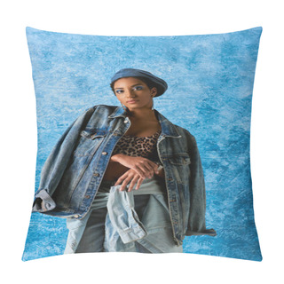 Personality  Young African American Woman In Beret Looking At Camera While Posing In Denim Clothes And Top With Animal Pattern On Blue Textured Background, Stylish Denim Attire Pillow Covers