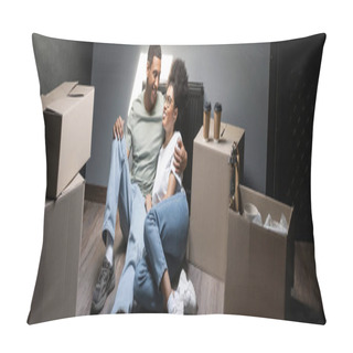 Personality  Smiling African American Couple Hugging Near Carton Boxes And Takeaway Coffee In New House, Banner Pillow Covers