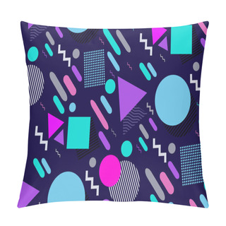 Personality  Memphis Seamless Pattern. Geometric Elements Memphis In The Style Of The 80s. Various Abstract Shapes, Circles, Triangles, Squares, Lines, Zigzags On A Dark Blue-purple Background. Vector Illustration Pillow Covers