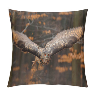 Personality  Eurasian Eagle Owl With Opened Wings In Flight With Dark Autumn Orange Forest On Background In Evening Sunset  Pillow Covers
