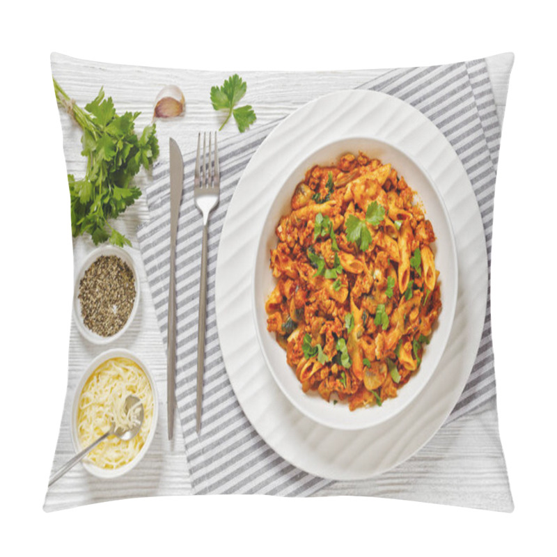 Personality  Ground Chicken Pasta Bake with onion, mushrooms, spinach, tomato sauce and mozzarella cheese in white bowl on white wood table, horizontal view from above, flat lay pillow covers